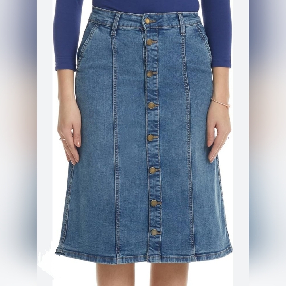 Esteez Women's Knee Length A Line Stretch Denim Jean Skirt Pockets Sz 16